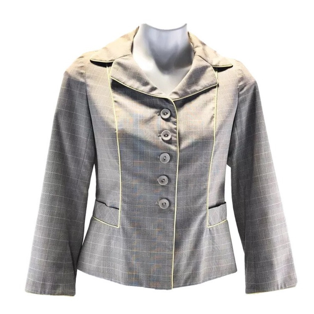 Rebecca Taylor Grey Plaid Blazer Lime Green Piping Floral Lining Womens 4